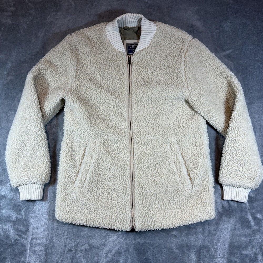 Abercrombie & Fitch Jacket Mens XS Cream Sherpa Deep Pile Fleece Bomber Teddy